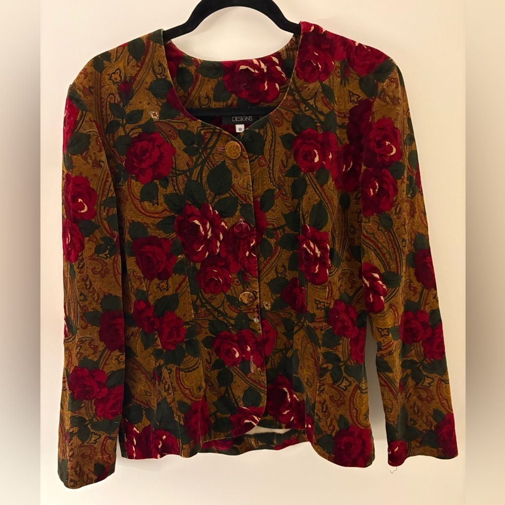 Vintage Tapestry Design Red Yellow Green Floral Velvet Blazer Button Grandmacore